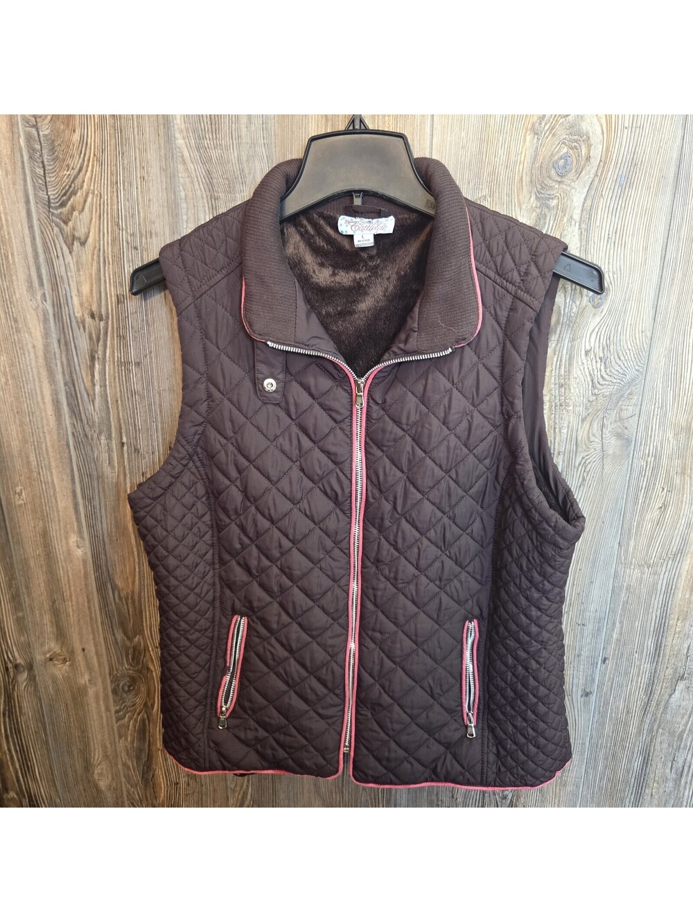Pink Cattlelac Ranch Western Women Puffer Vest Sz Lrg Brown Quilted Sherpa Lined